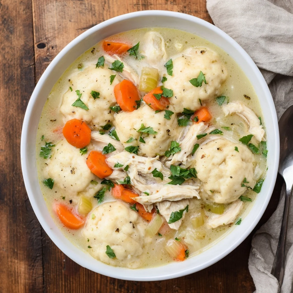 Hearty chicken and dumplings featuring tender shredded chicken in a savory cream broth
