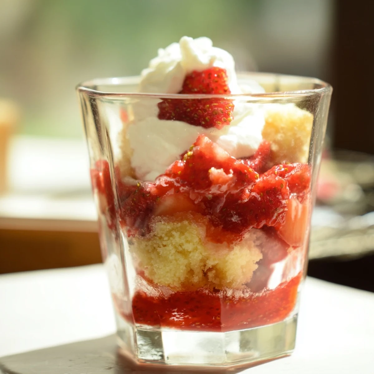 Golden Valentine's strawberry shortcake cups layered with fresh red berries and fluffy whipped cream