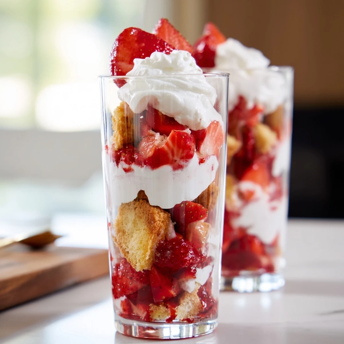 Individual shortcake desserts featuring sweet macerated strawberries and vanilla cream in clear serving glasses