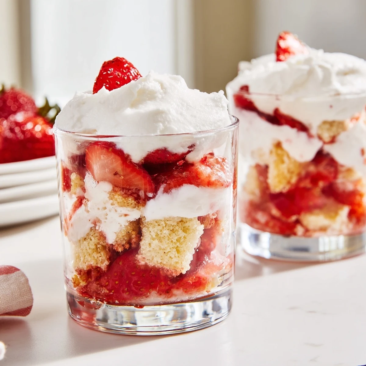 Romantic strawberry shortcake cups topped with billowy whipped cream and juicy strawberry garnishes