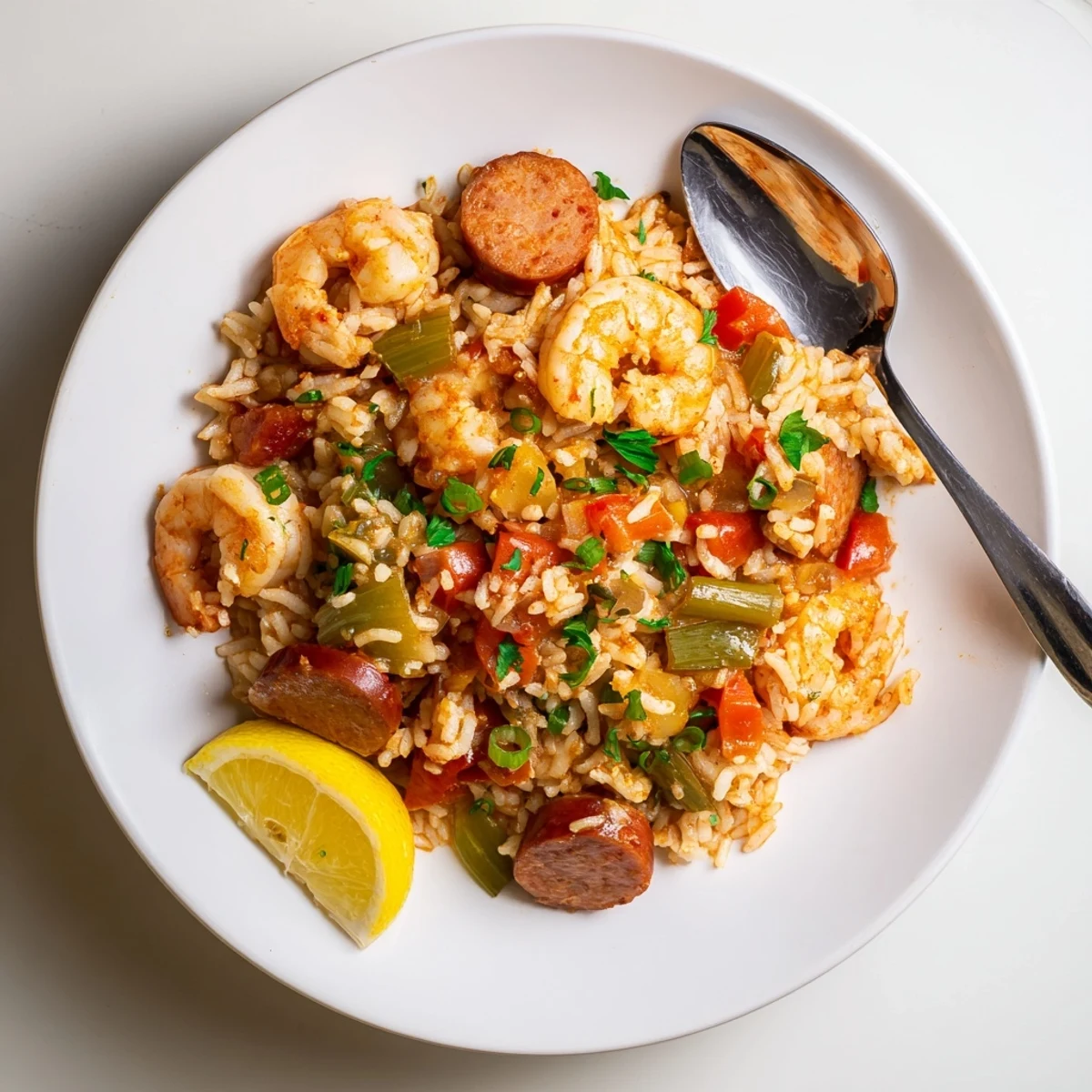 Colorful One Pot Cajun Jambalaya showcasing tender meats, vegetables, and rice in a rich, spicy tomato broth