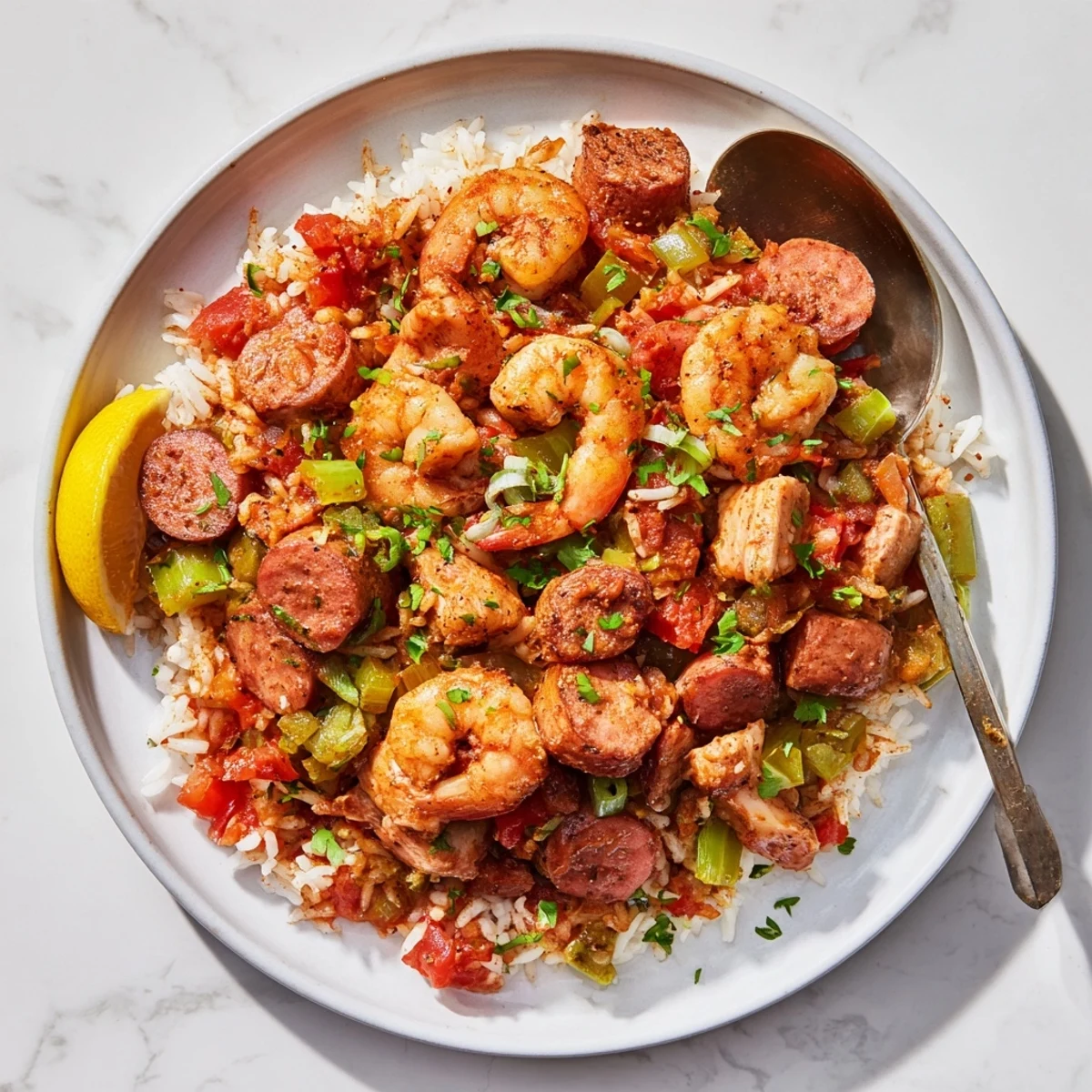Hearty One Pot Cajun Jambalaya garnished with fresh green scallions and parsley, served with bright lemon wedges