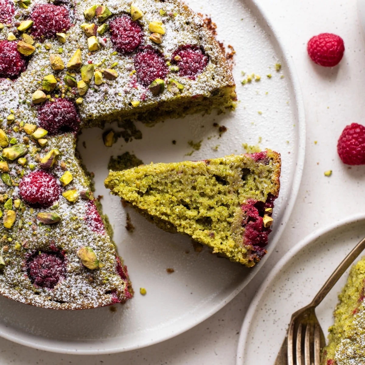 Moist pistachio raspberry cake slice topped with powdered sugar and fresh berries on a white plate.