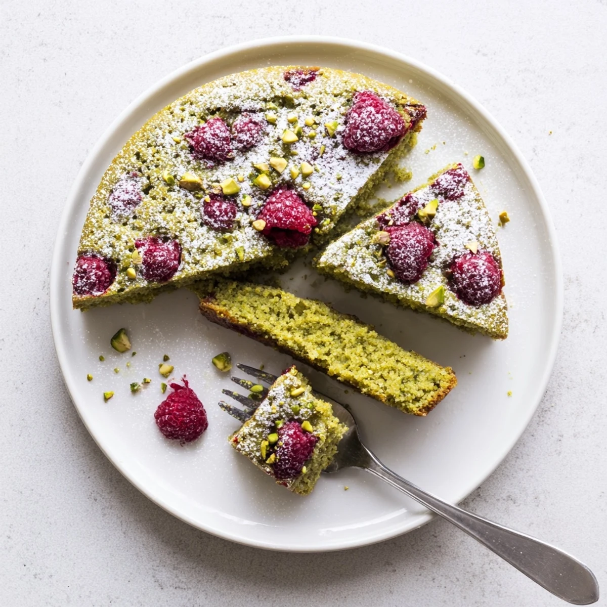Delicious homemade pistachio raspberry cake with ground nuts and tart raspberries baked to golden perfection.