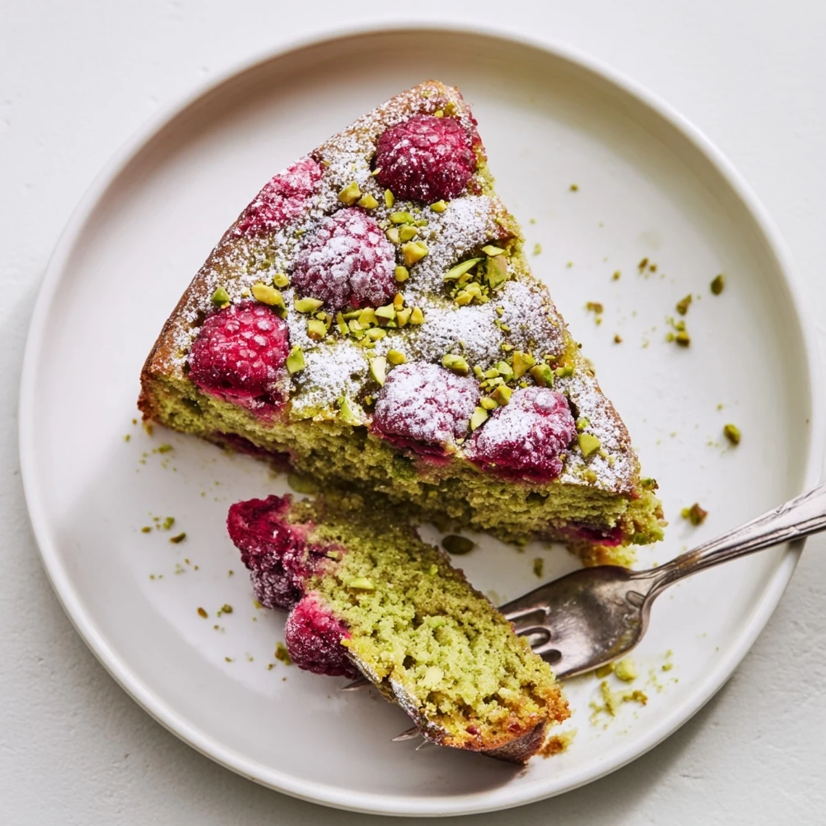 Elegant European-style pistachio raspberry cake dusted with powdered sugar and chopped pistachios for garnish.