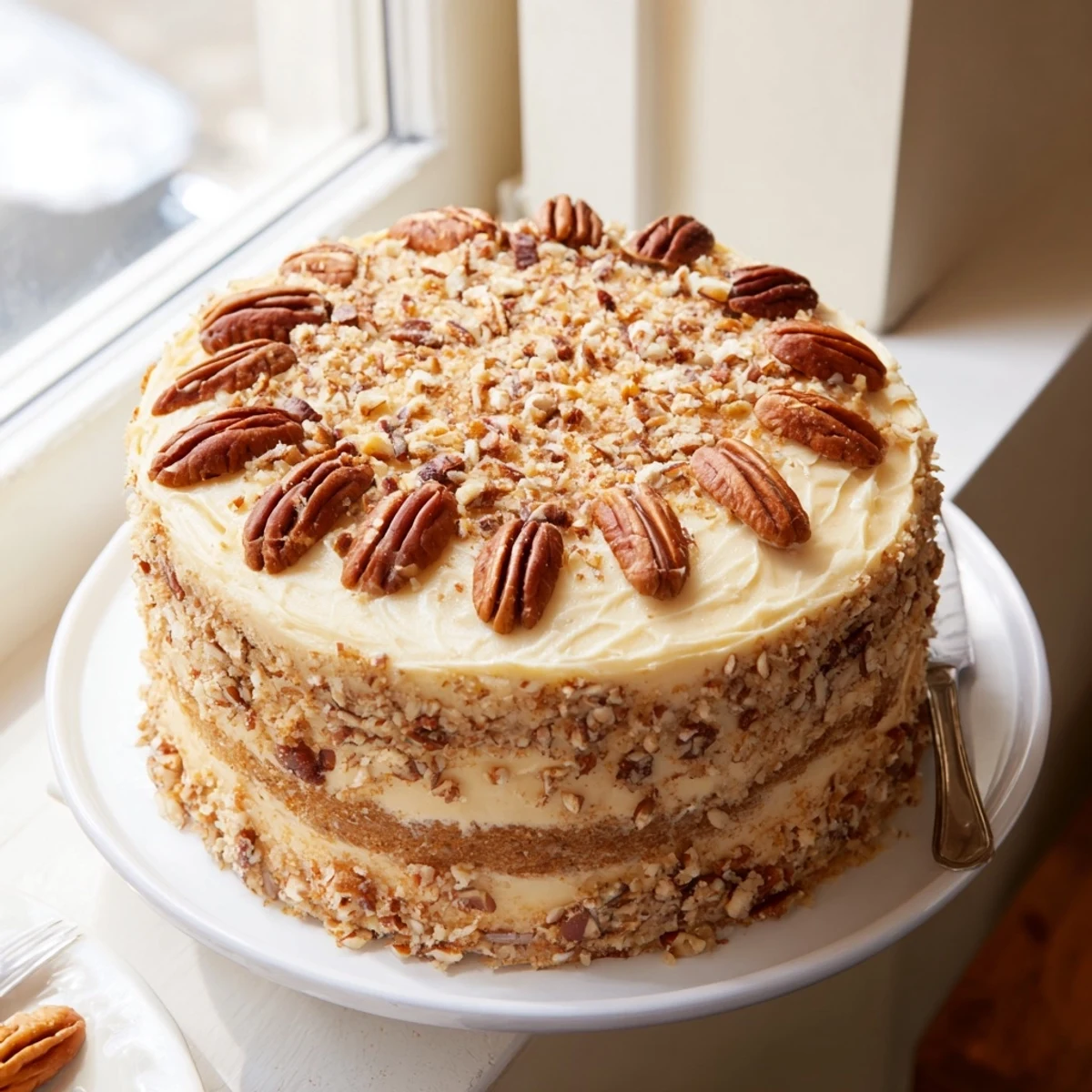 Triple layer butter pecan cake with swirled buttercream frosting and crunchy pecan garnish for dessert