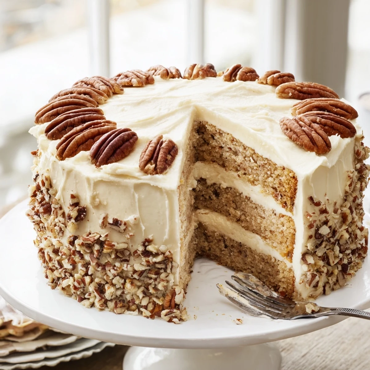 Homemade butter pecan cake showing moist crumb and velvety frosting with chopped pecan topping