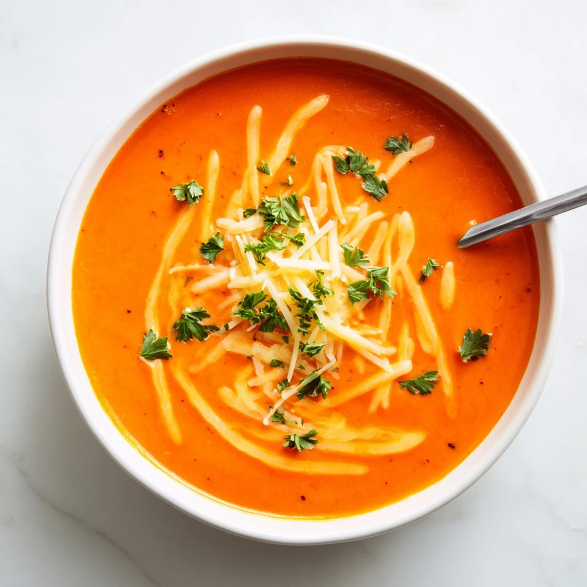 Creamy roasted red pepper Gouda soup garnished with fresh parsley in a white bowl