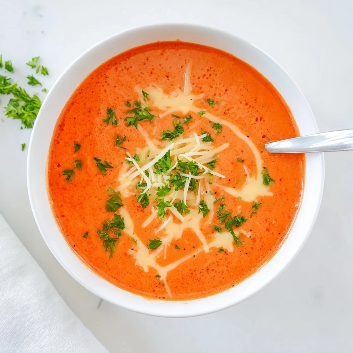 Velvety orange roasted red pepper and smoked Gouda soup with melted cheese on top