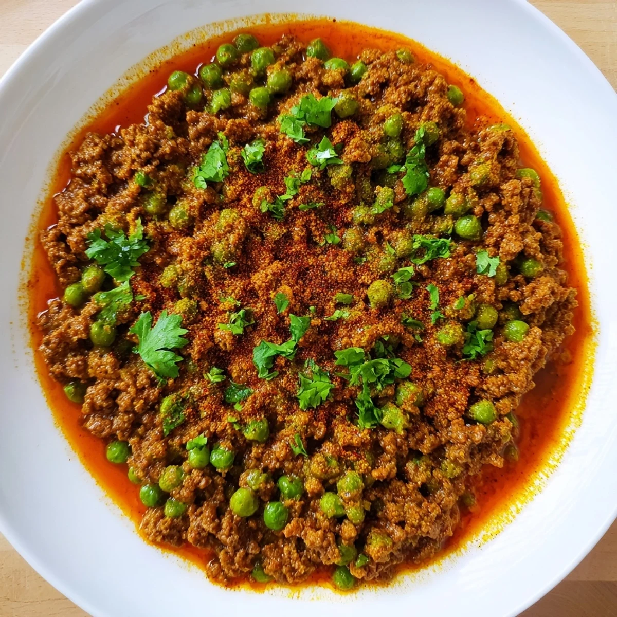 Rich aromatic keema curry bubbling in skillet with diced tomatoes, spices, and ground lamb mixture