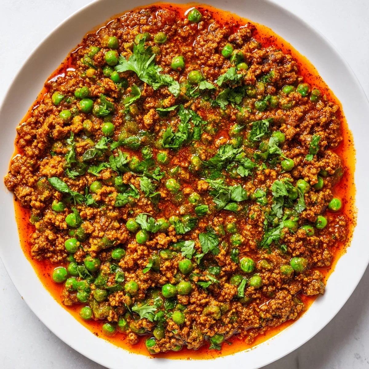 Golden savory keema curry with ground meat, tender peas, and vibrant green cilantro garnish in a bowl