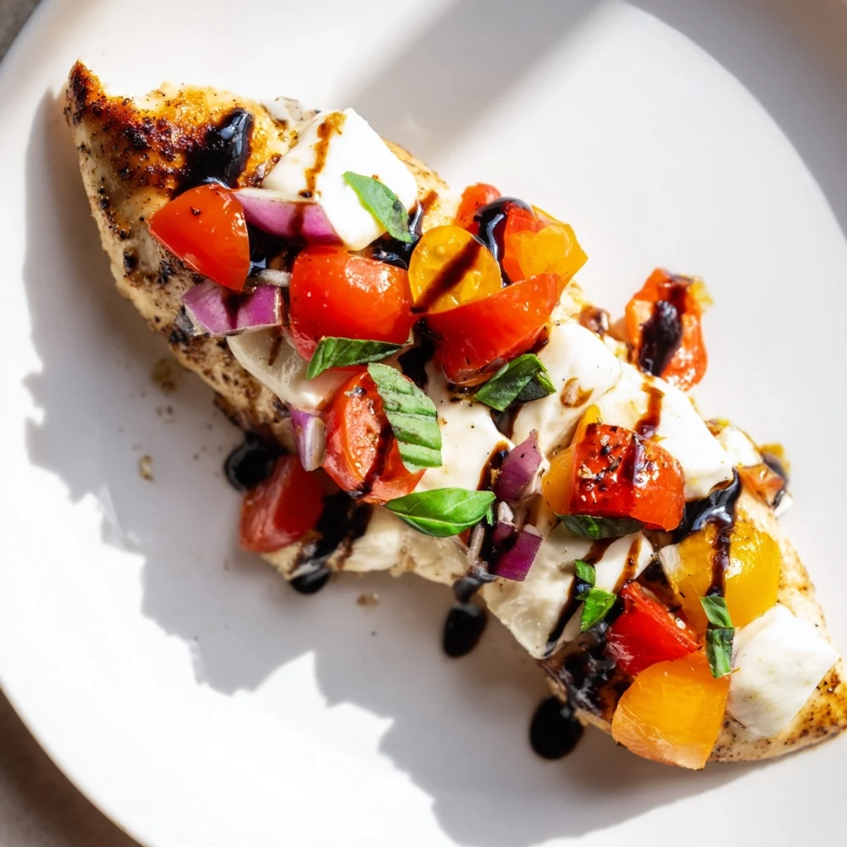 Golden baked Mozzarella Bruschetta Chicken topped with melted cheese and colorful tomato basil topping