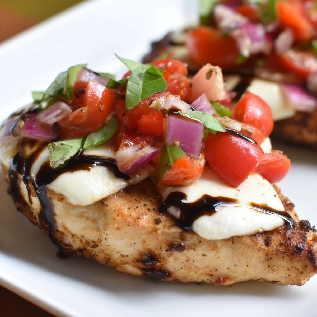 Fresh Mozzarella Bruschetta Chicken drizzled with balsamic glaze and garnished with basil leaves