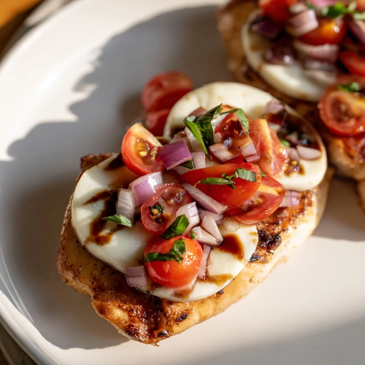 Sizzling skillet of Mozzarella Bruschetta Chicken featuring juicy bruschetta and bubbling mozzarella