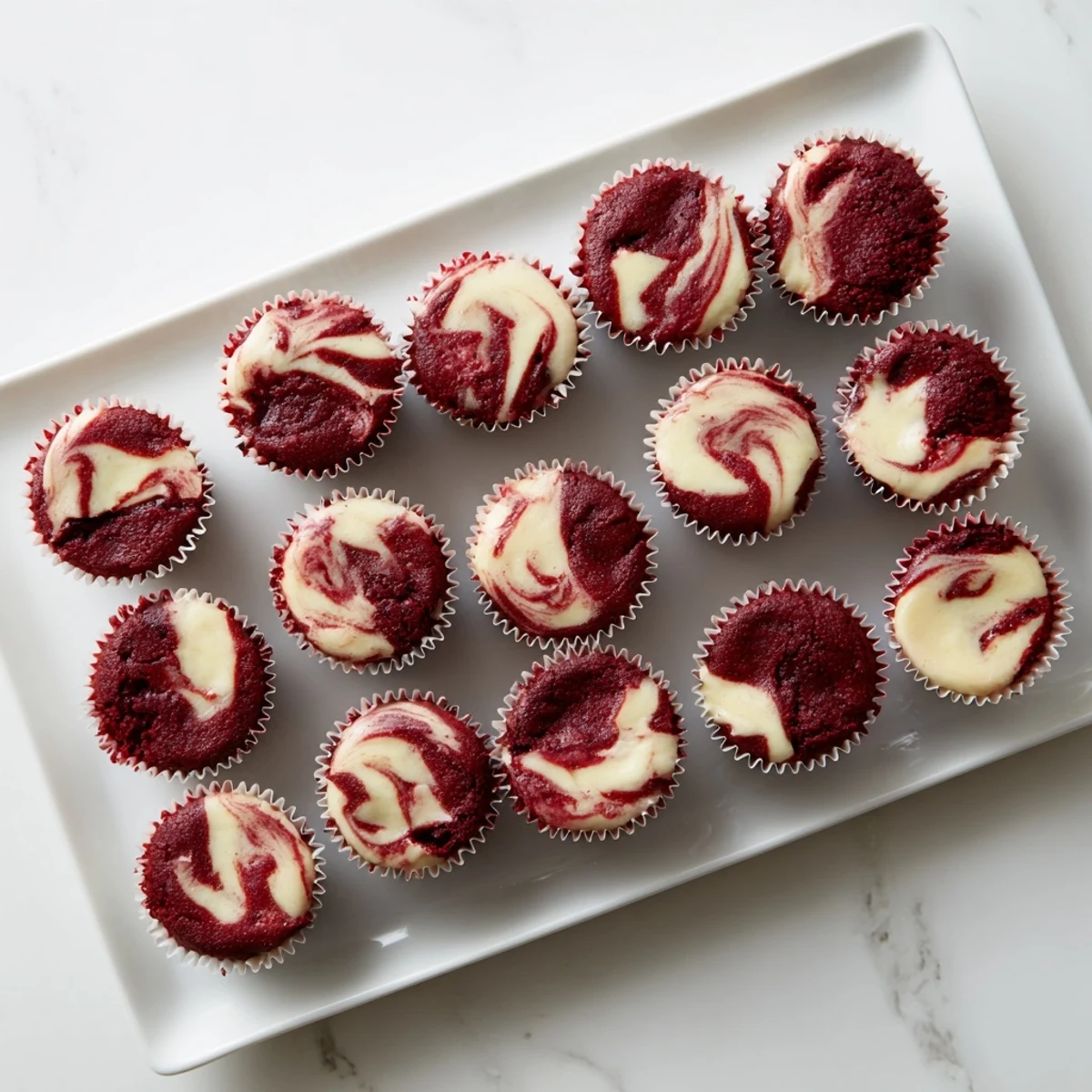 Mini red velvet brownie bites topped with luscious cream cheese swirl and red crumbs
