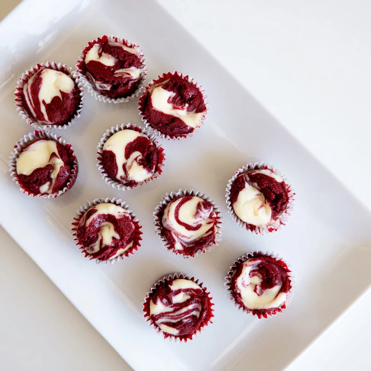 Bite-sized red velvet brownies with marbled cream cheese topping on a white serving plate