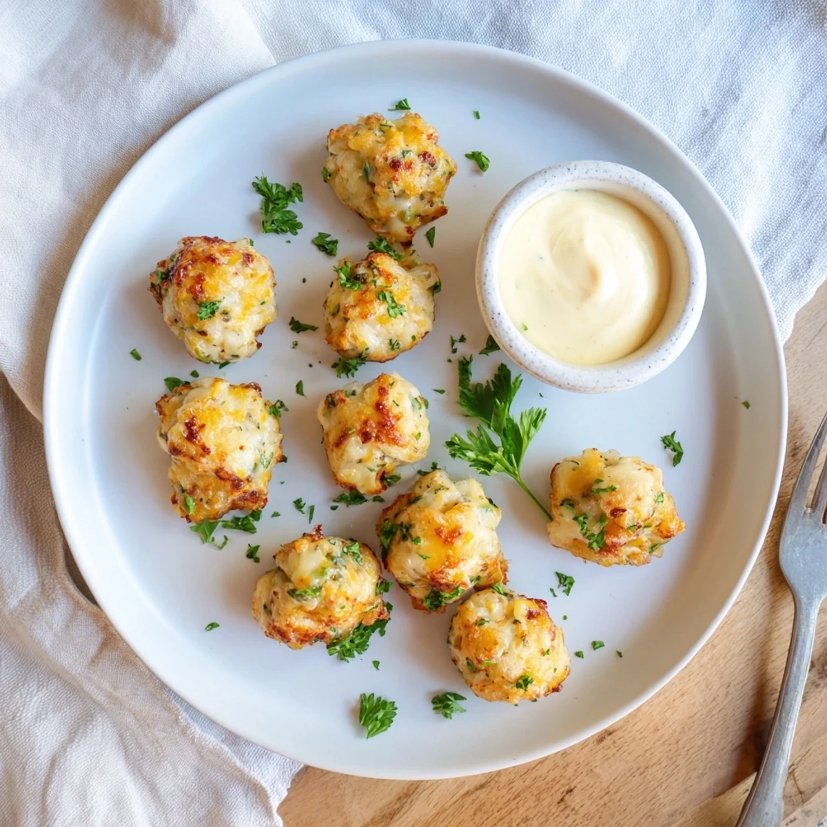 Golden brown cheesy chicken fritters arranged on a white plate with creamy garlic aioli dip