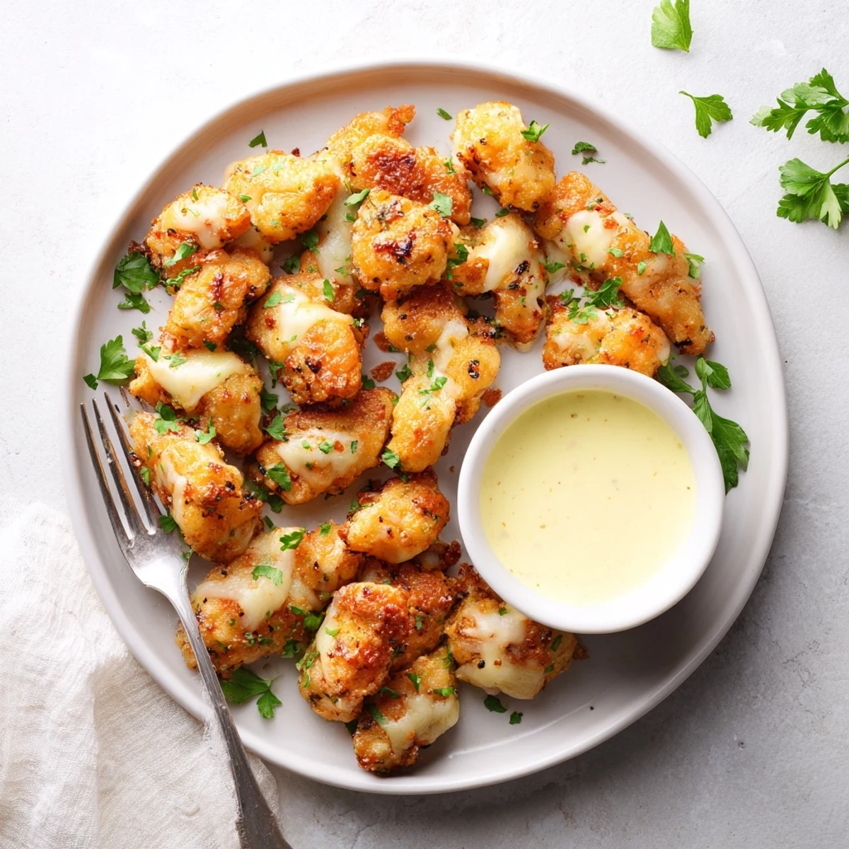 Crispy pan-fried chicken fritters loaded with melted mozzarella served alongside zesty homemade garlic aioli