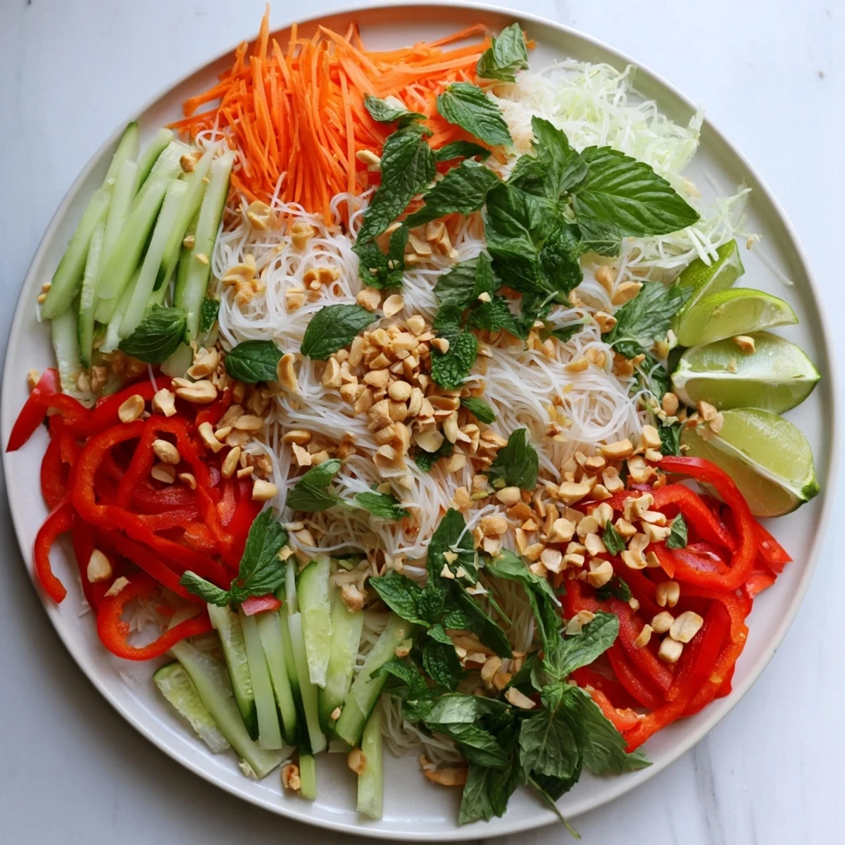Colorful Vietnamese noodle salad bowl piled with crisp vegetables, fresh herbs, and tangy lime dressing topped with crushed roasted peanuts