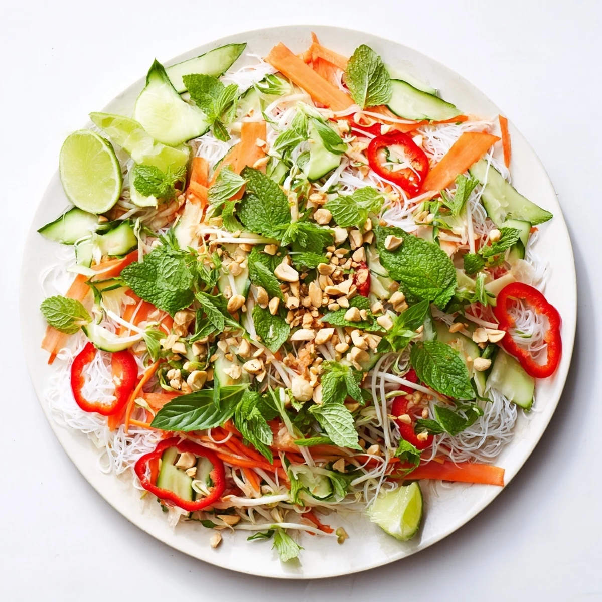 Close-up shot of Vietnamese noodle salad with zesty dressing, showcasing spring onions, bean sprouts, and chopped peanuts over light rice noodles