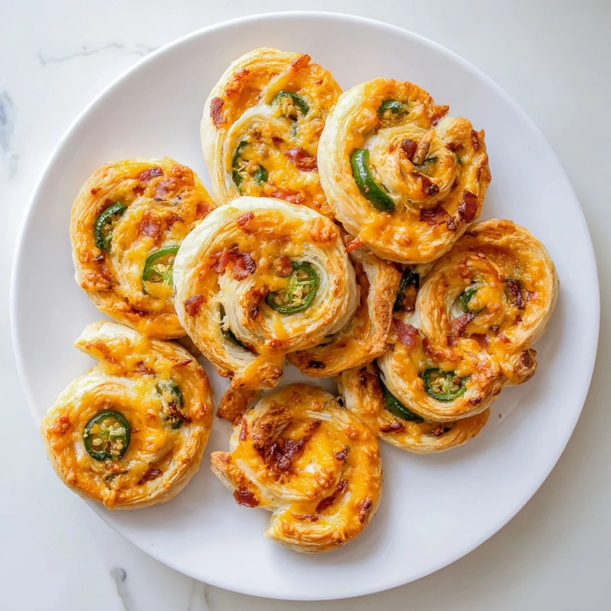 Golden brown Easy Jalapeño Popper Pinwheels spiraled with creamy cheddar and crisp bacon on a white platter