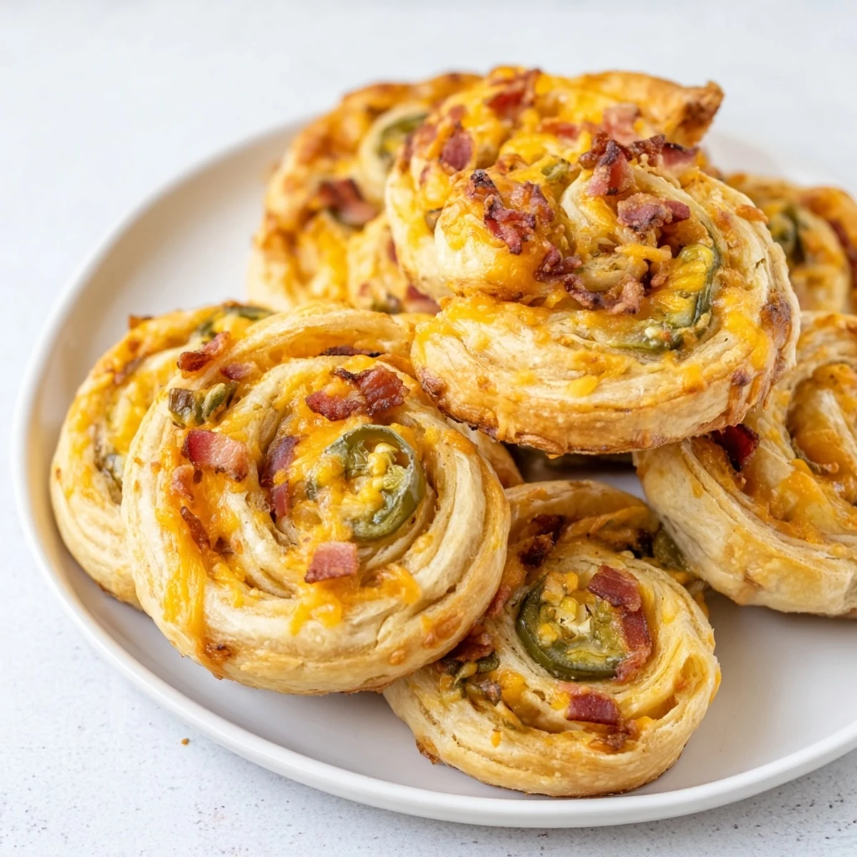 Party-ready appetizer of cheesy jalapeño pinwheels arranged on a serving tray, ready for game day snacking