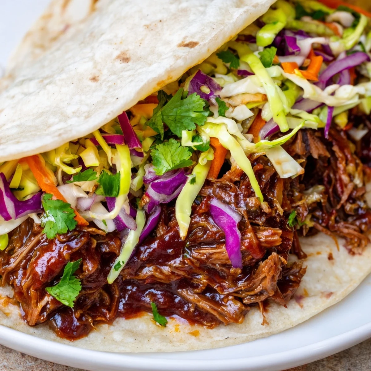 Easy sweet smoky BBQ pulled beef slaw wraps featuring tender shredded meat and colorful crunchy coleslaw in warm flour tortillas