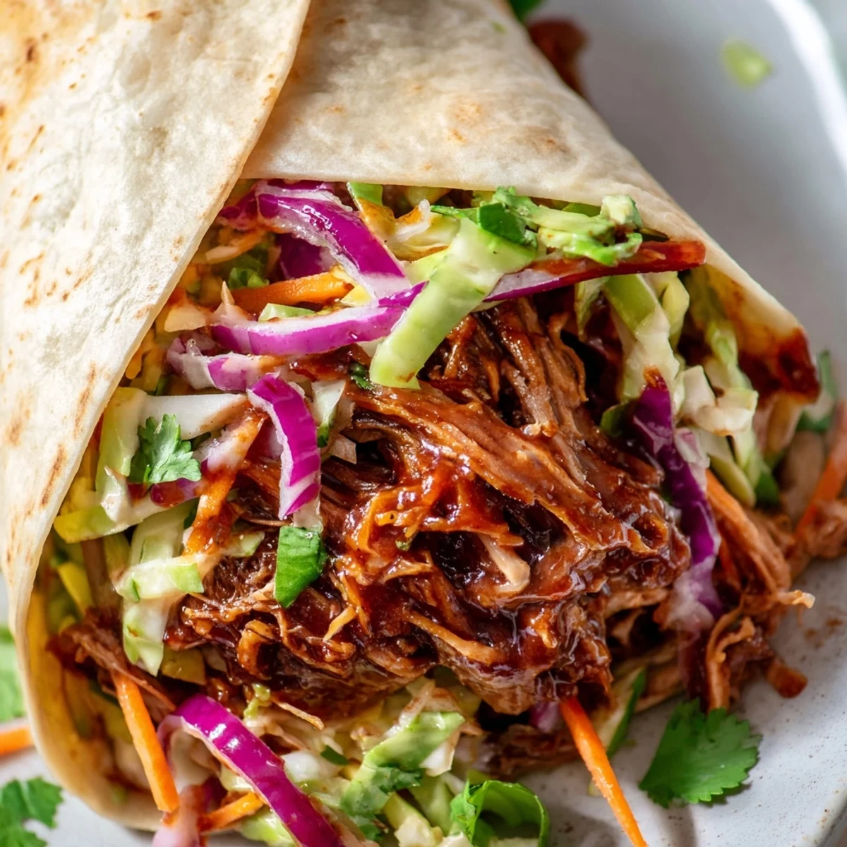 Soft flour tortilla overflowing with slow-cooked sweet smoky BBQ pulled beef topped with vibrant purple and green cabbage slaw