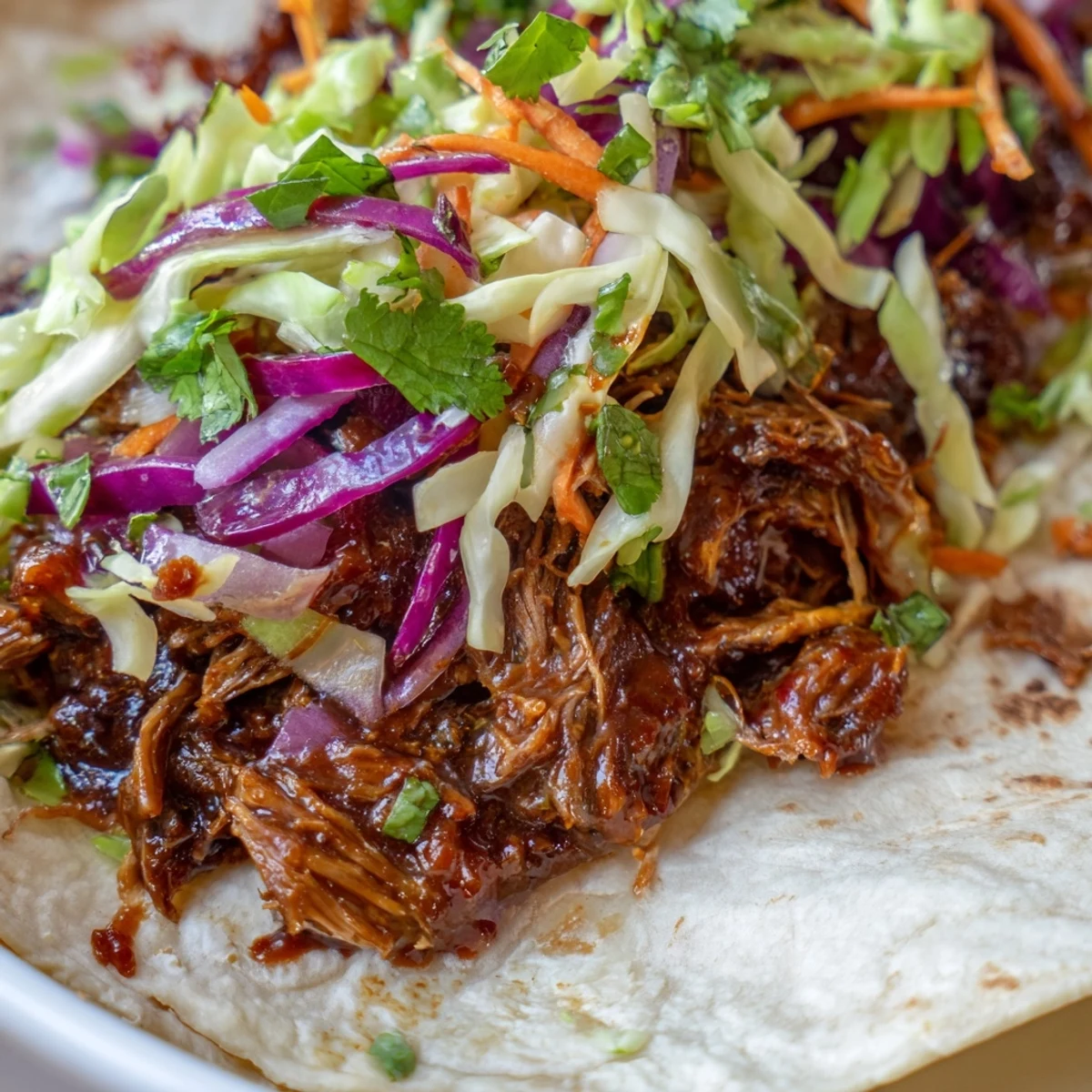 Homemade sweet smoky BBQ pulled beef slaw wraps showcasing fork-tender meat, crisp vegetable coleslaw, and fresh herbs
