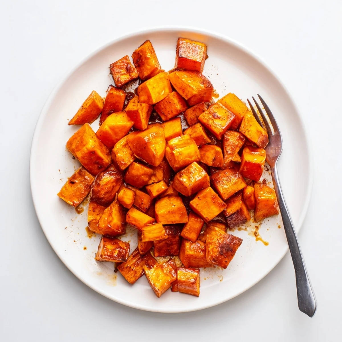 Golden honey cinnamon roasted sweet potato cubes arranged on a white serving plate with caramelized edges