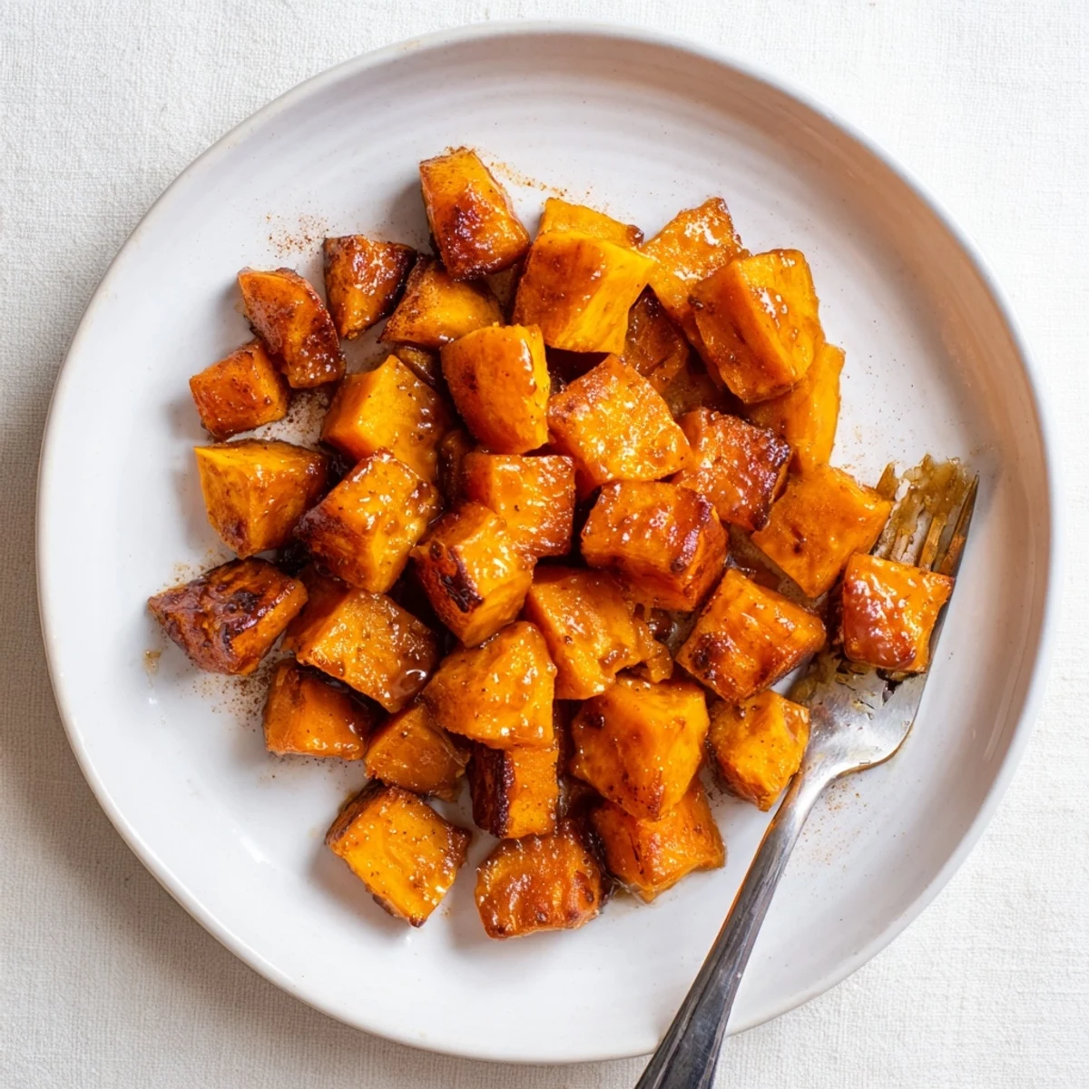 Oven roasted sweet potato cubes tossed in honey and cinnamon coating on a parchment lined baking sheet