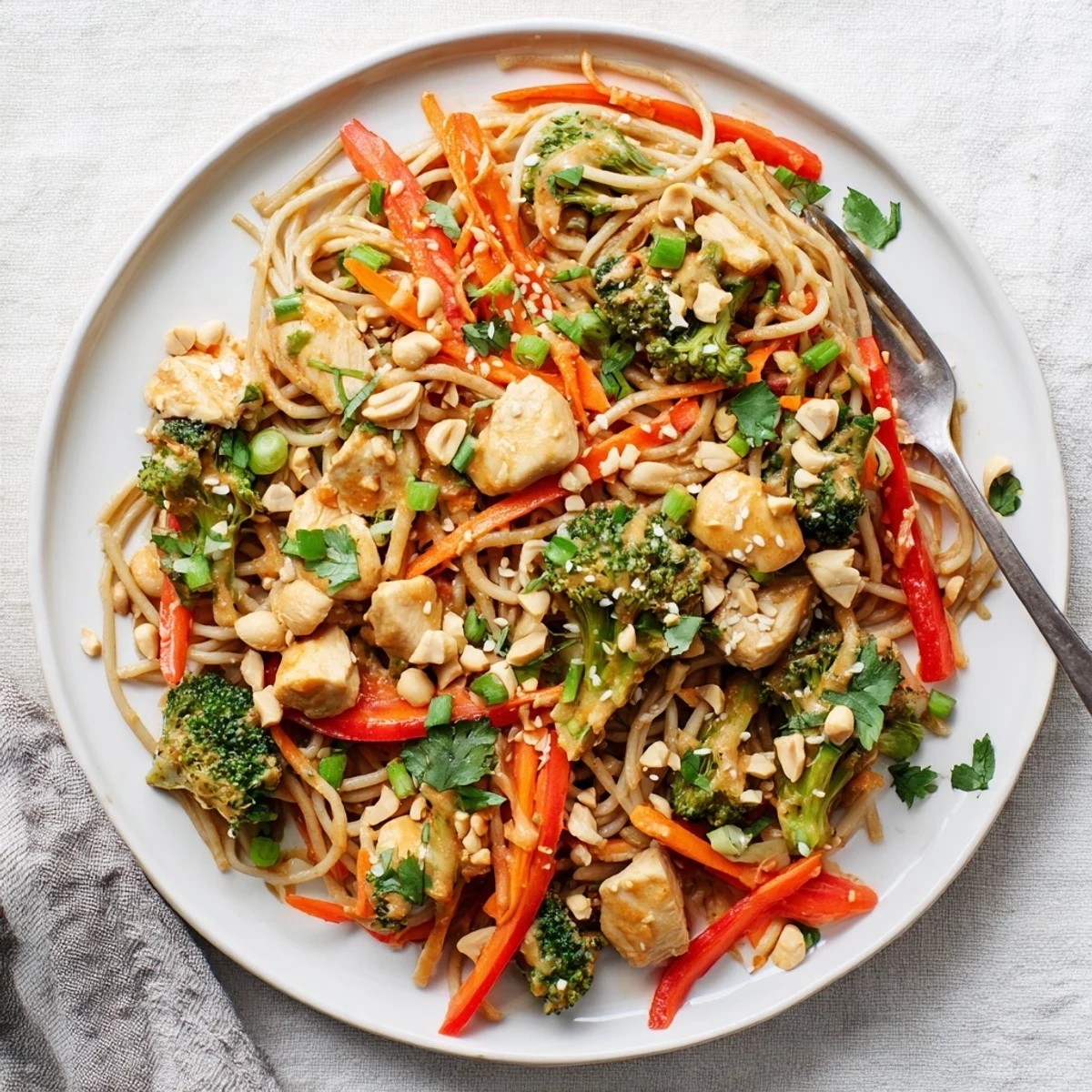 Golden peanut chicken noodle meal prep with colorful vegetables in individual food containers