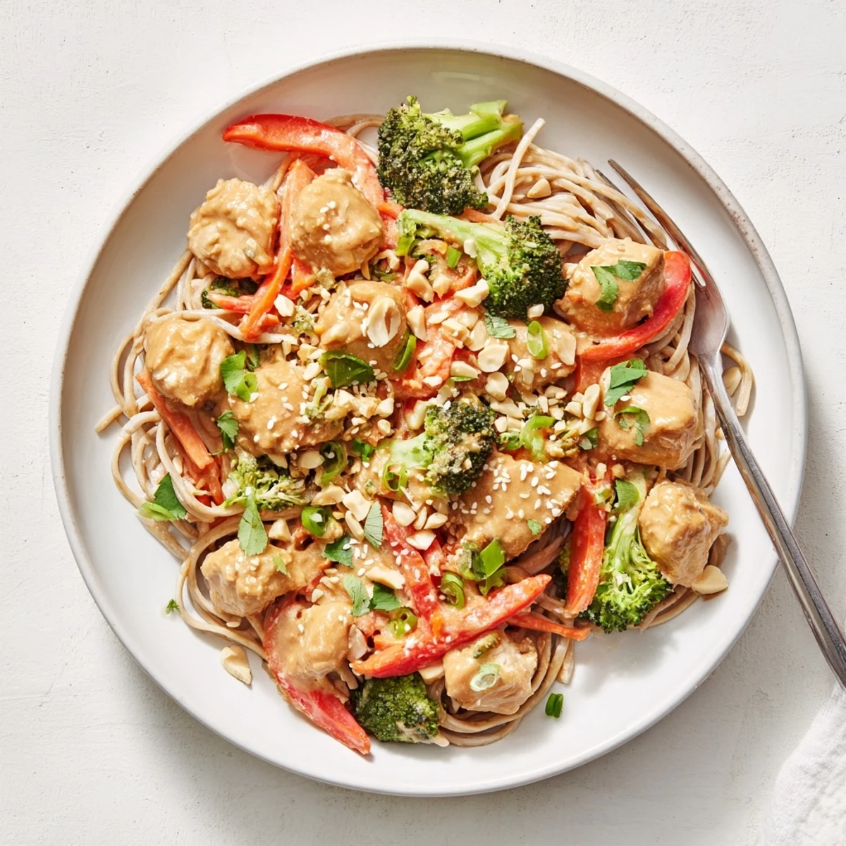 Creamy peanut sauce coats tender chicken and whole wheat noodles in this healthy meal prep