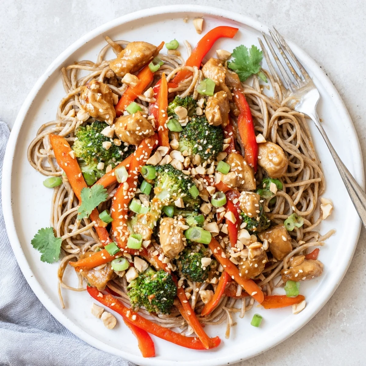 High protein peanut chicken noodle bowls topped with crunchy peanuts and fresh cilantro garnish