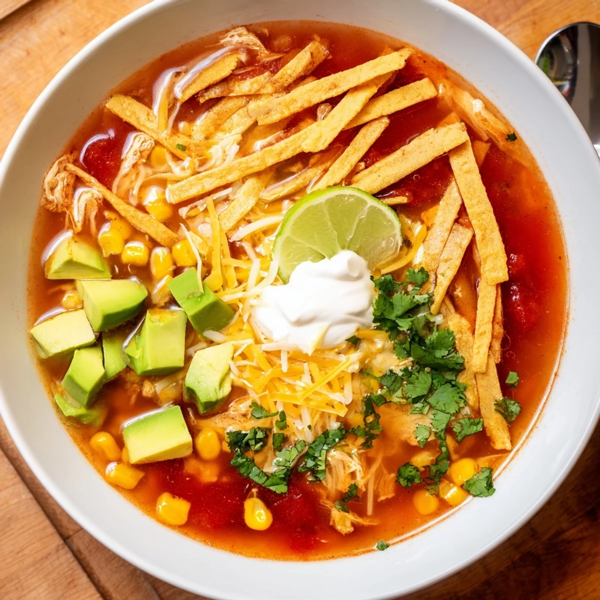 Steamy bowl of Mexican tortilla soup topped with golden crispy tortilla strips, avocado, and melted cheese