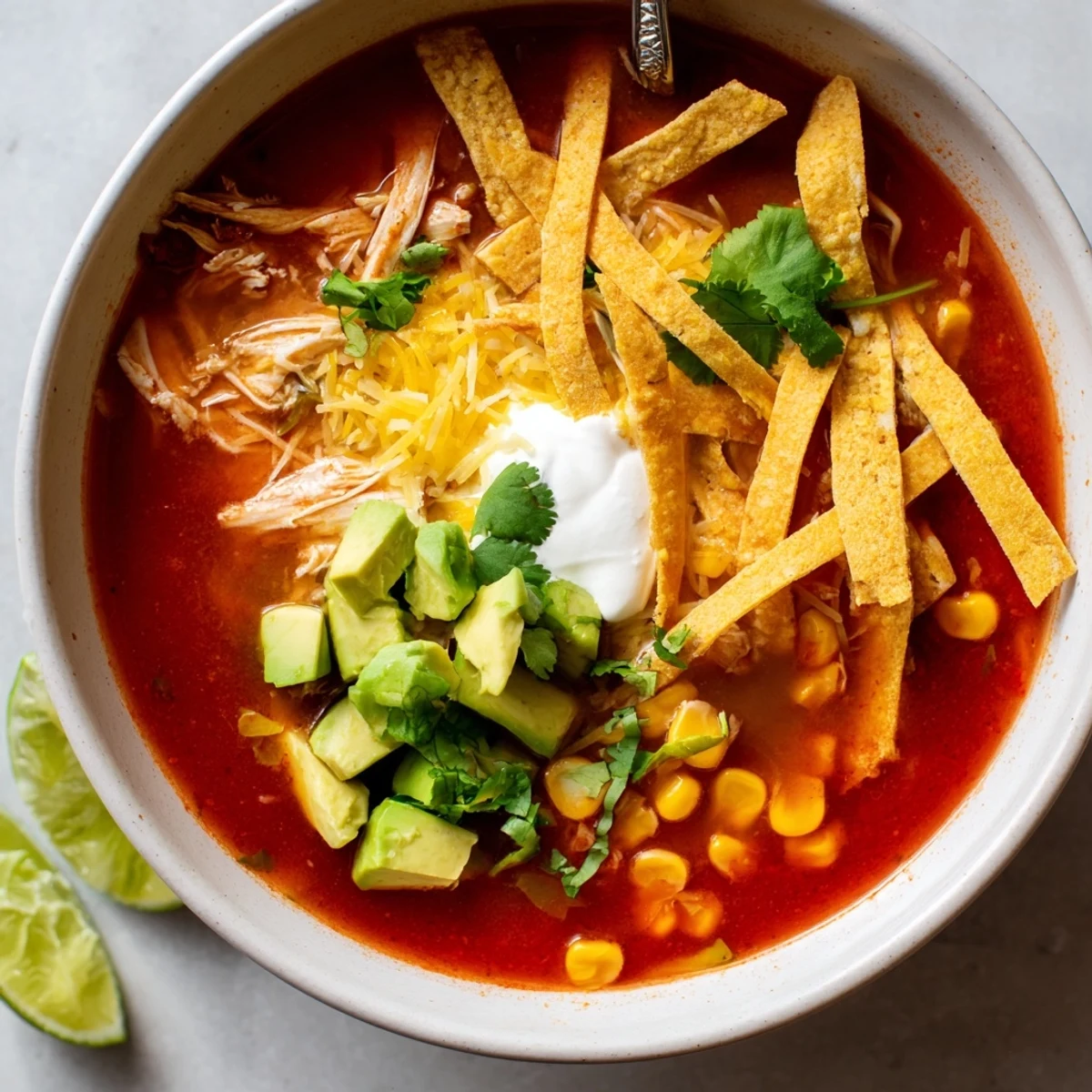 Comforting Mexican tortilla soup in a white bowl with crunchy tortilla chips, lime wedges, and creamy avocado