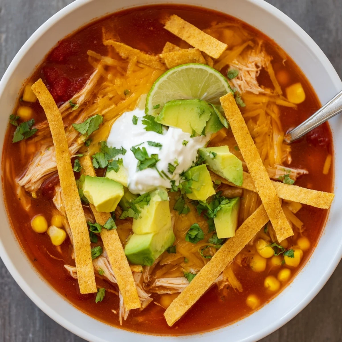 Rich tomato-chili Mexican tortilla soup brimming with tender chicken, corn, and vibrant fresh cilantro garnish