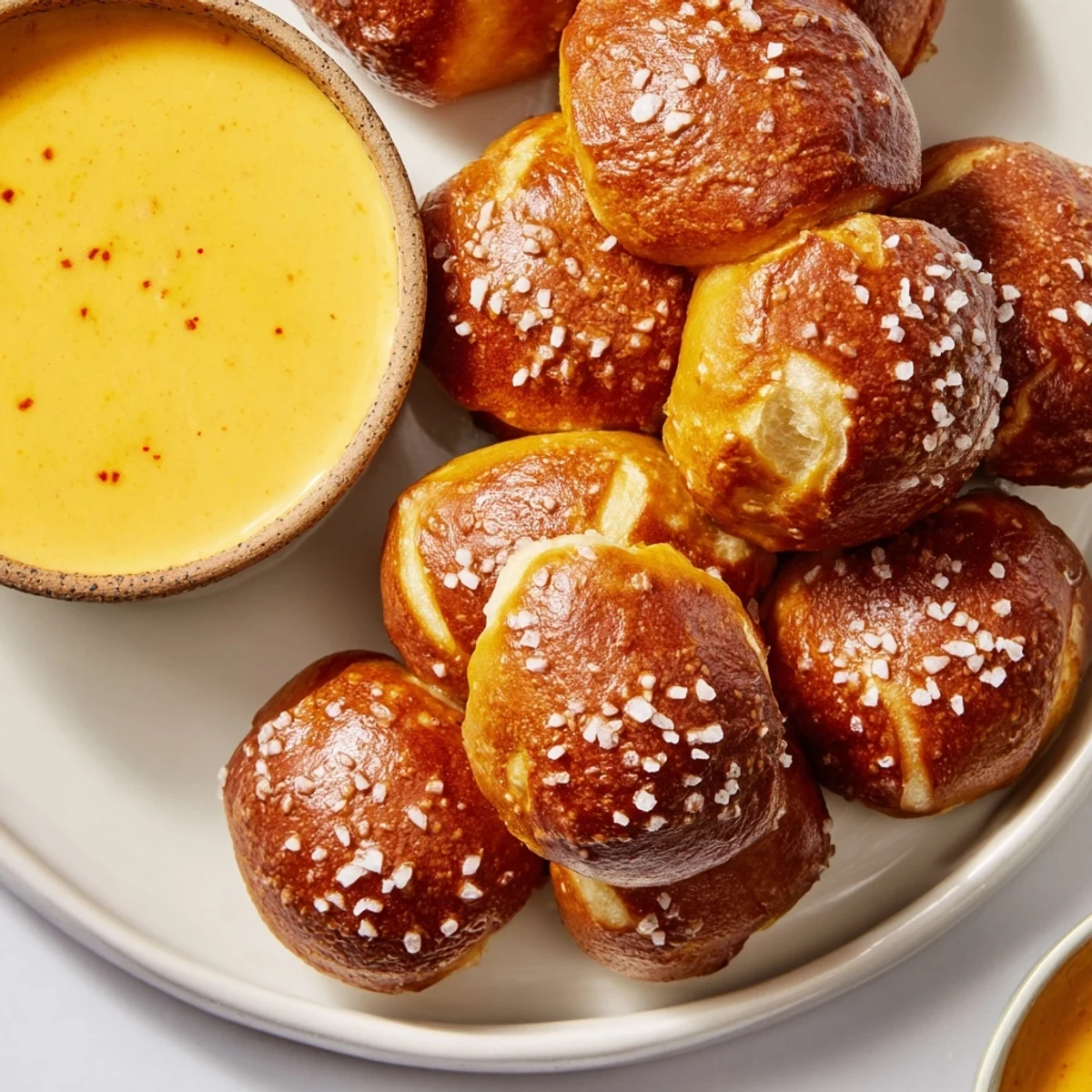Golden brown air fryer pretzel bites sprinkled with coarse salt alongside creamy zesty cheese dip