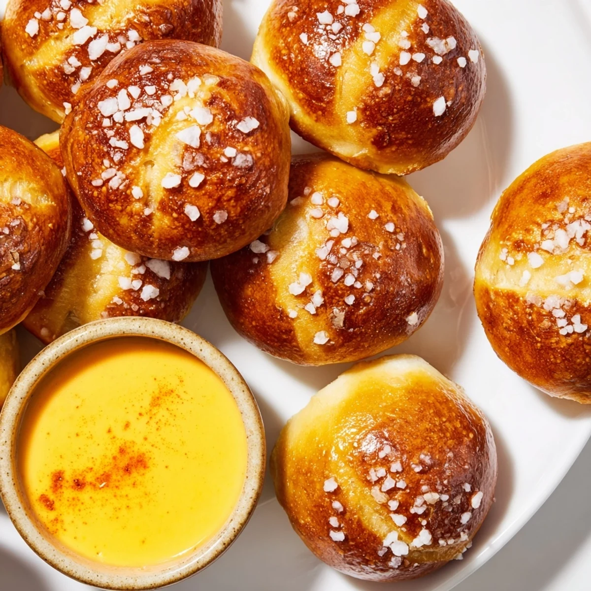Chewy pretzel bread bites with crispy crusts served warm with homemade sharp cheddar cheese dipping sauce