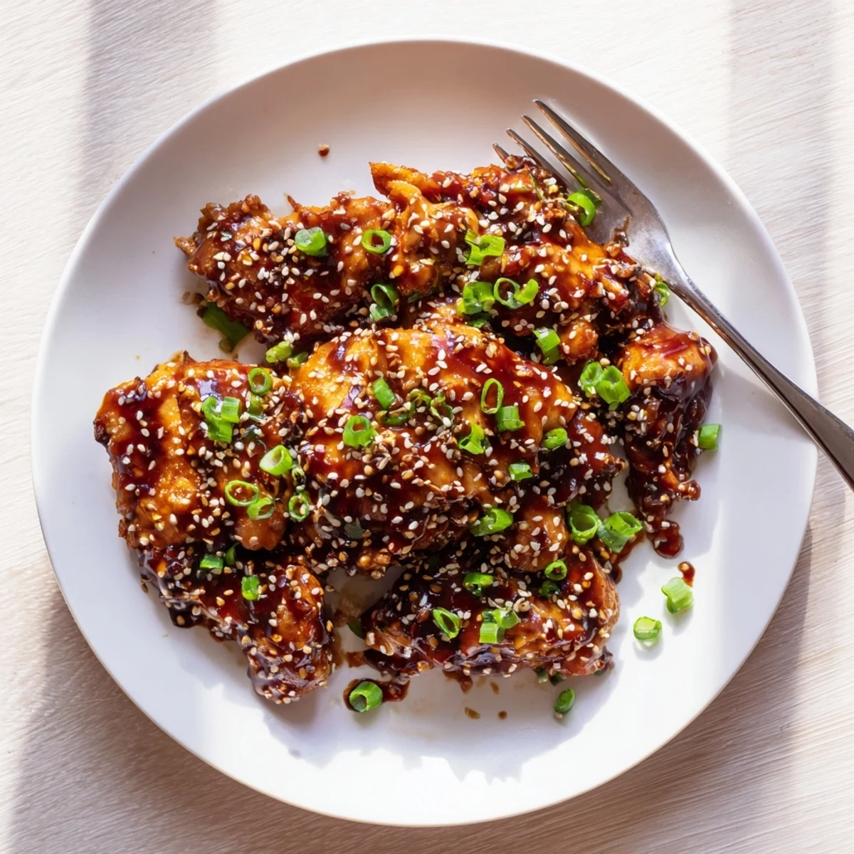 Juicy chicken pieces simmering in homemade teriyaki glaze inside a crockpot.