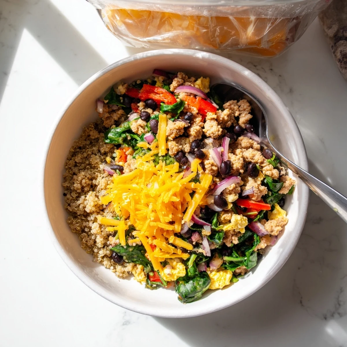 Colorful meal prep container filled with high protein freezer friendly breakfast bowls featuring scrambled eggs, vegetables, and sausage over fluffy quinoa
