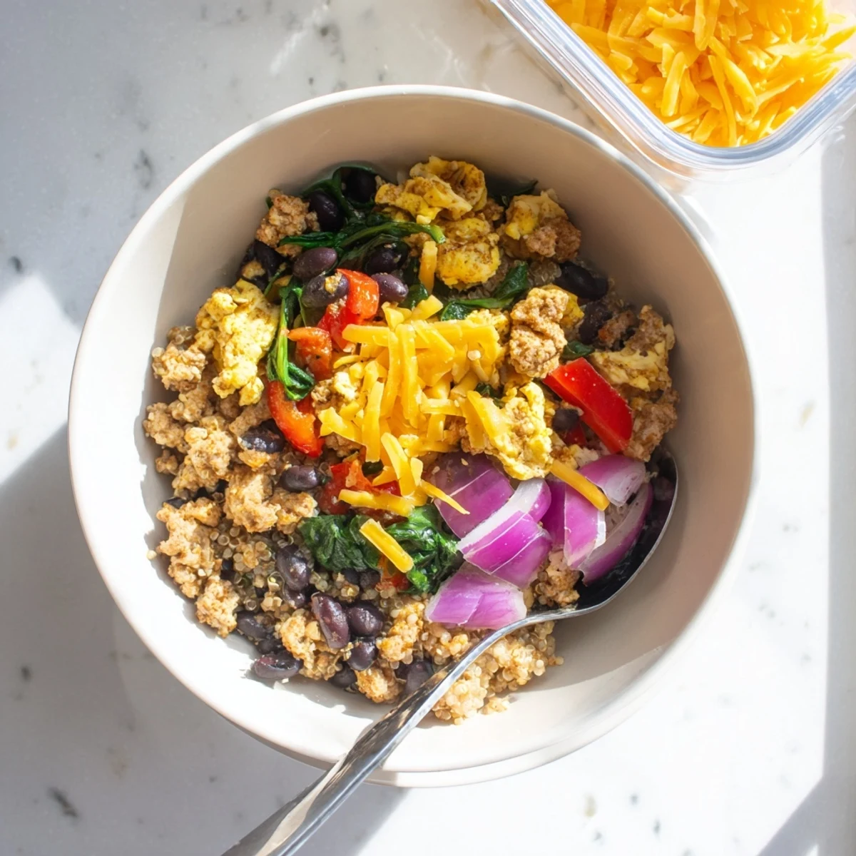 Four reusable meal prep containers stacked showing high protein freezer friendly breakfast bowls ready for busy weekday mornings with eggs and beans