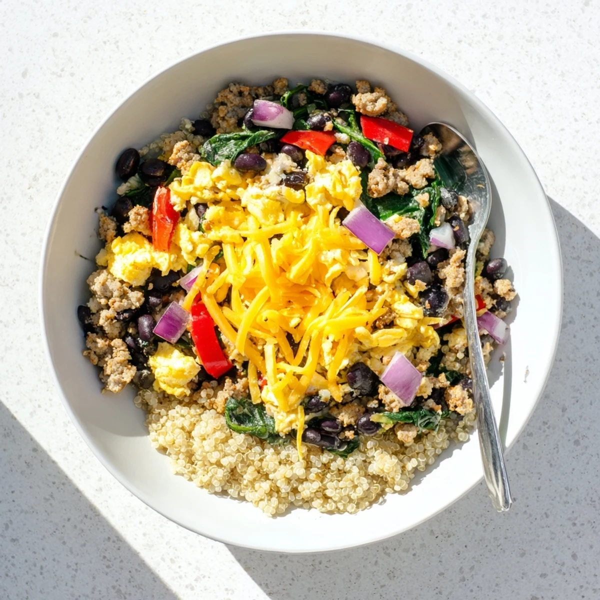 Closeup of hearty high protein freezer friendly breakfast bowls with melted cheese, fresh spinach, peppers, and savory turkey sausage topping brown rice