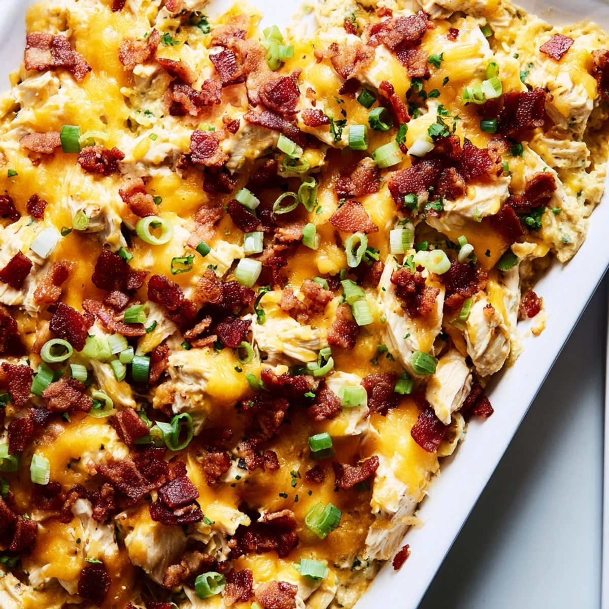 Creamy crack chicken baked with melted cheddar, crispy bacon, and fresh green onions