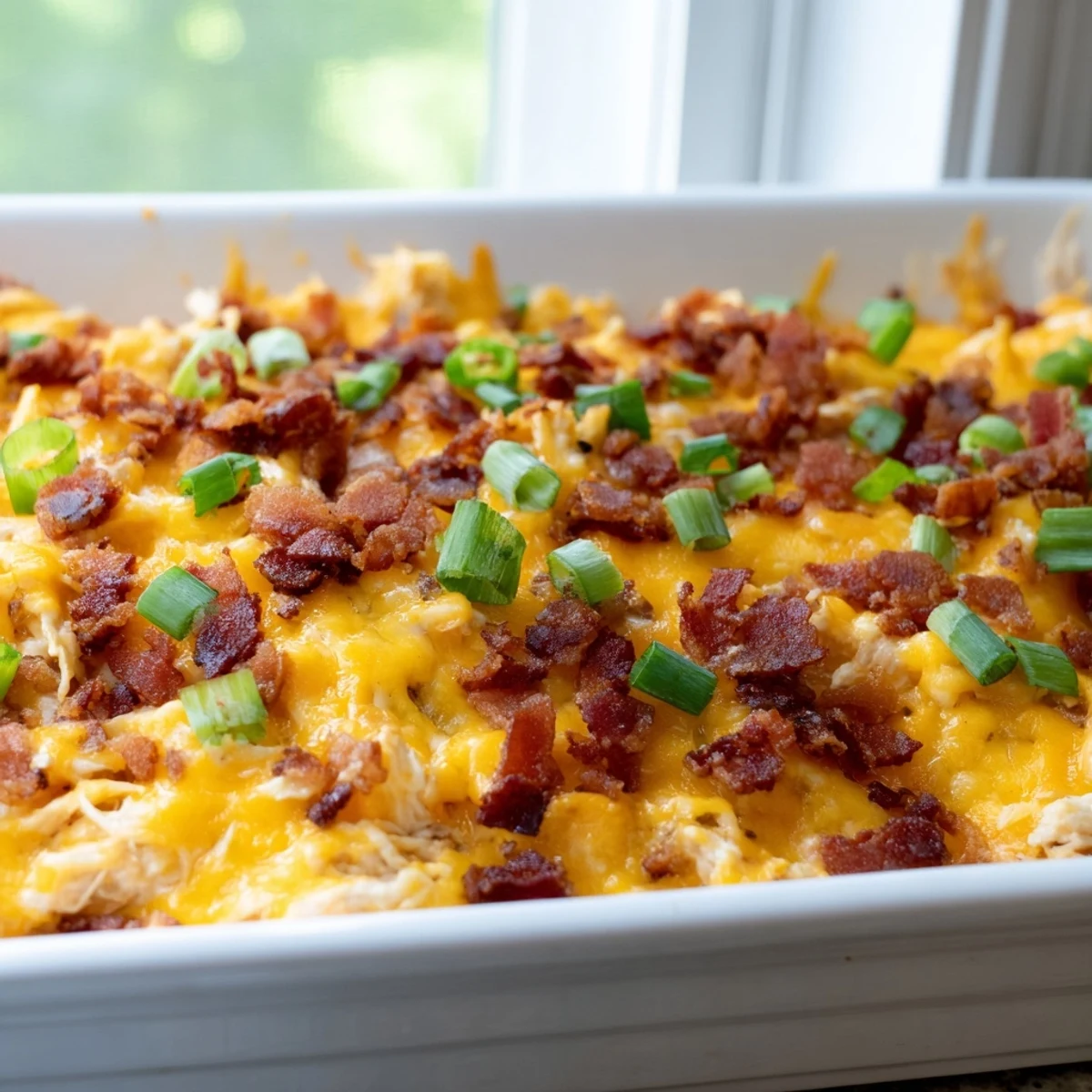 Golden crack chicken topped with bubbly cheese and crumbled bacon on a white plate