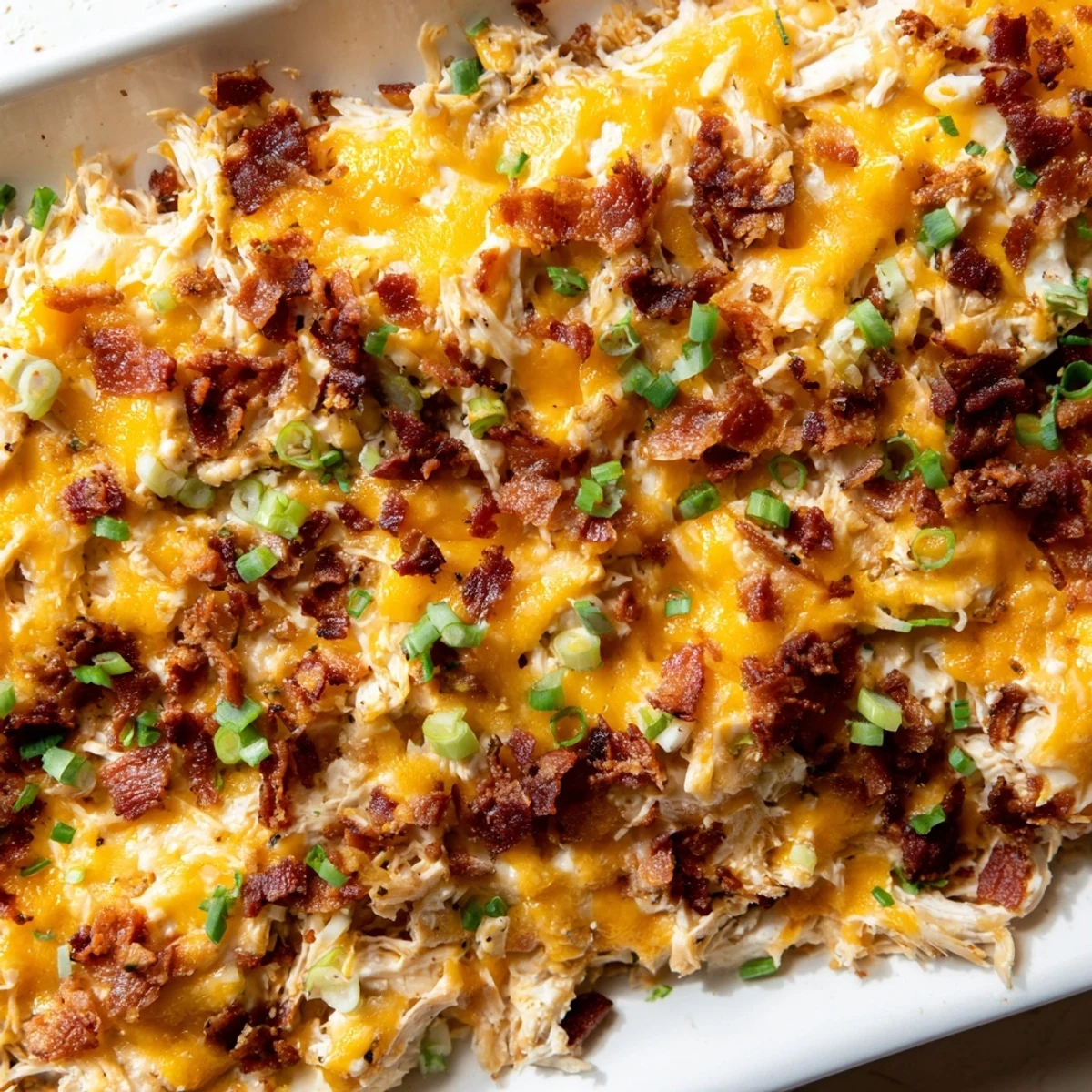 Ranch-seasoned crack chicken breasts smothered in cream cheese and bacon bits, garnished with chives