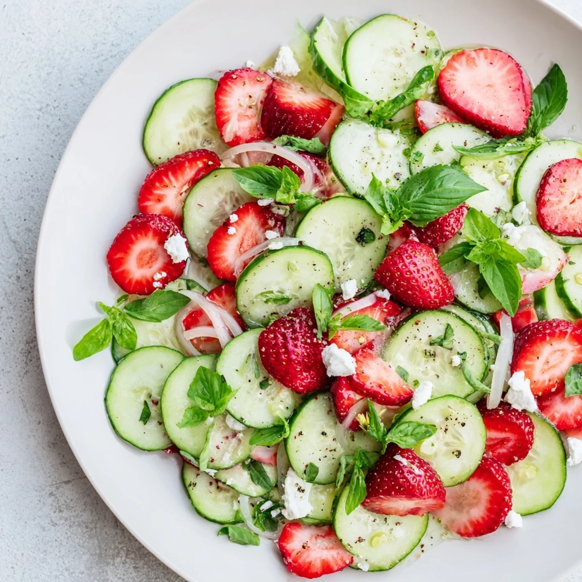 Fresh strawberry cucumber salad topped with herbs and tangy balsamic dressing in a white serving bowl