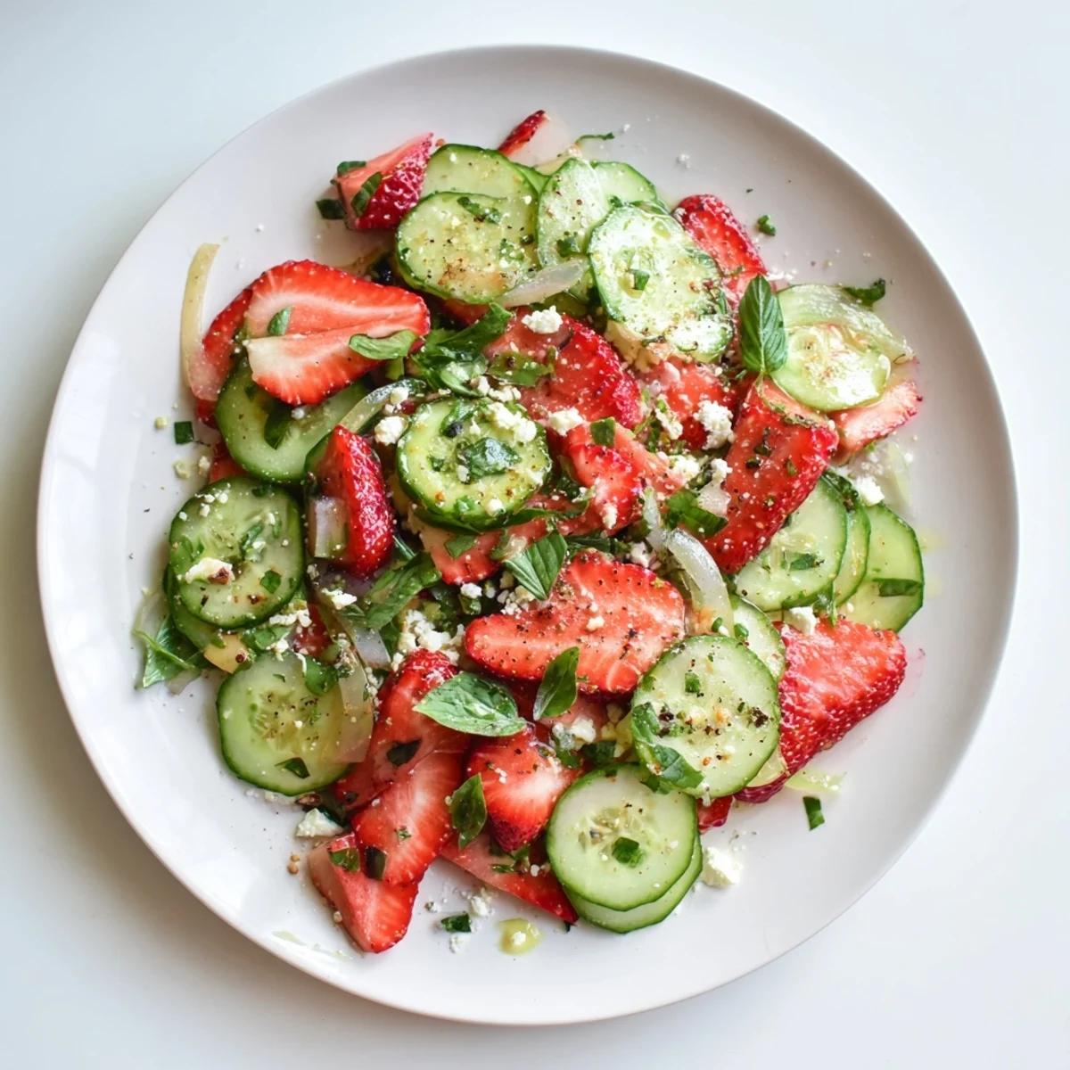 Summer strawberry cucumber salad featuring sliced red berries crisp cucumbers fresh mint and basil on rustic platter