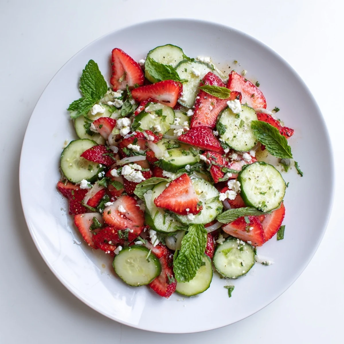 Light strawberry cucumber salad arranged with feta crumbles and drizzled honey lemon dressing for outdoor dining