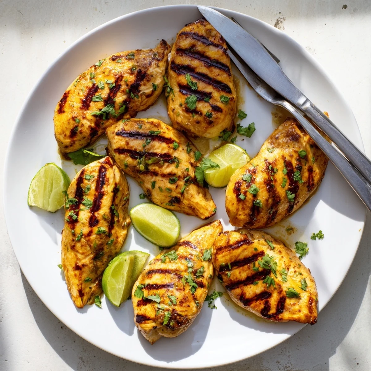 Charred Key West grilled chicken served with lime wedges on a white plate